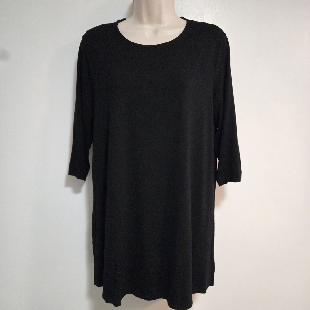 Eileen Fisher Petite Size PL Black Slit Hem 3/4 Sleeves Soft Basic Tunic T-Shirt
